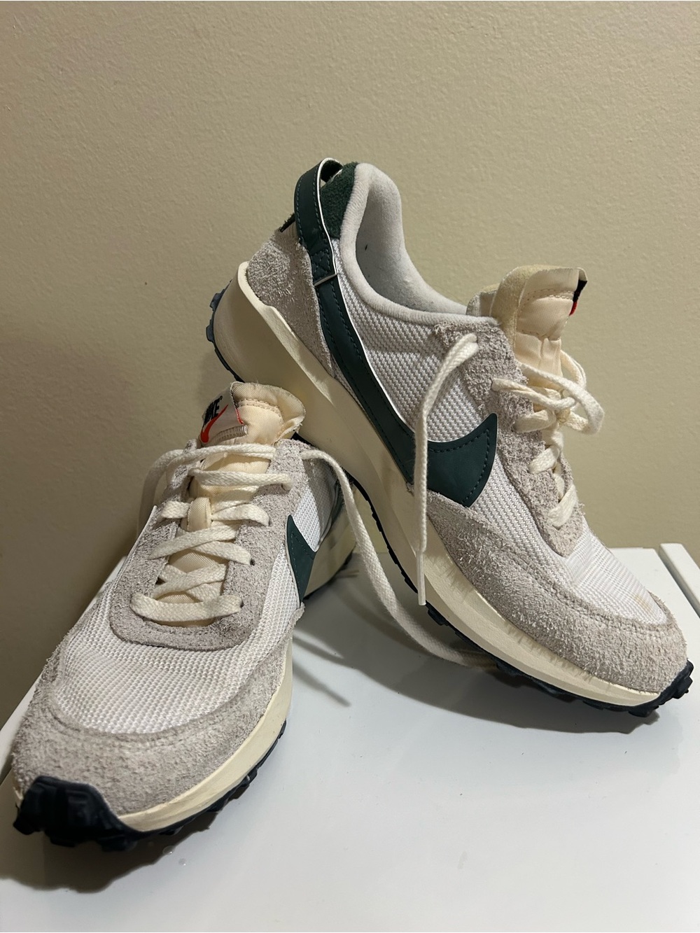 Women’s Running Sneakers in Cream with Dark Green Swoosh